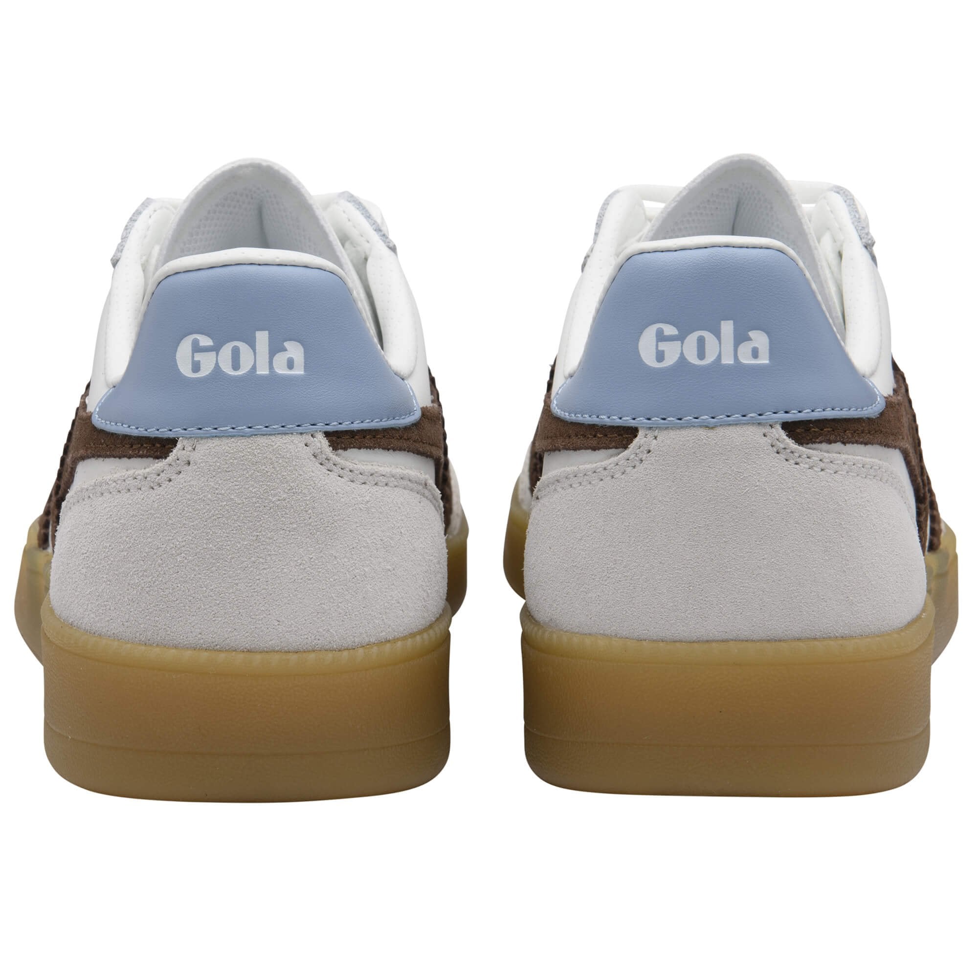 Pair of white Gola trainers with blue accents and gum soles on a white background