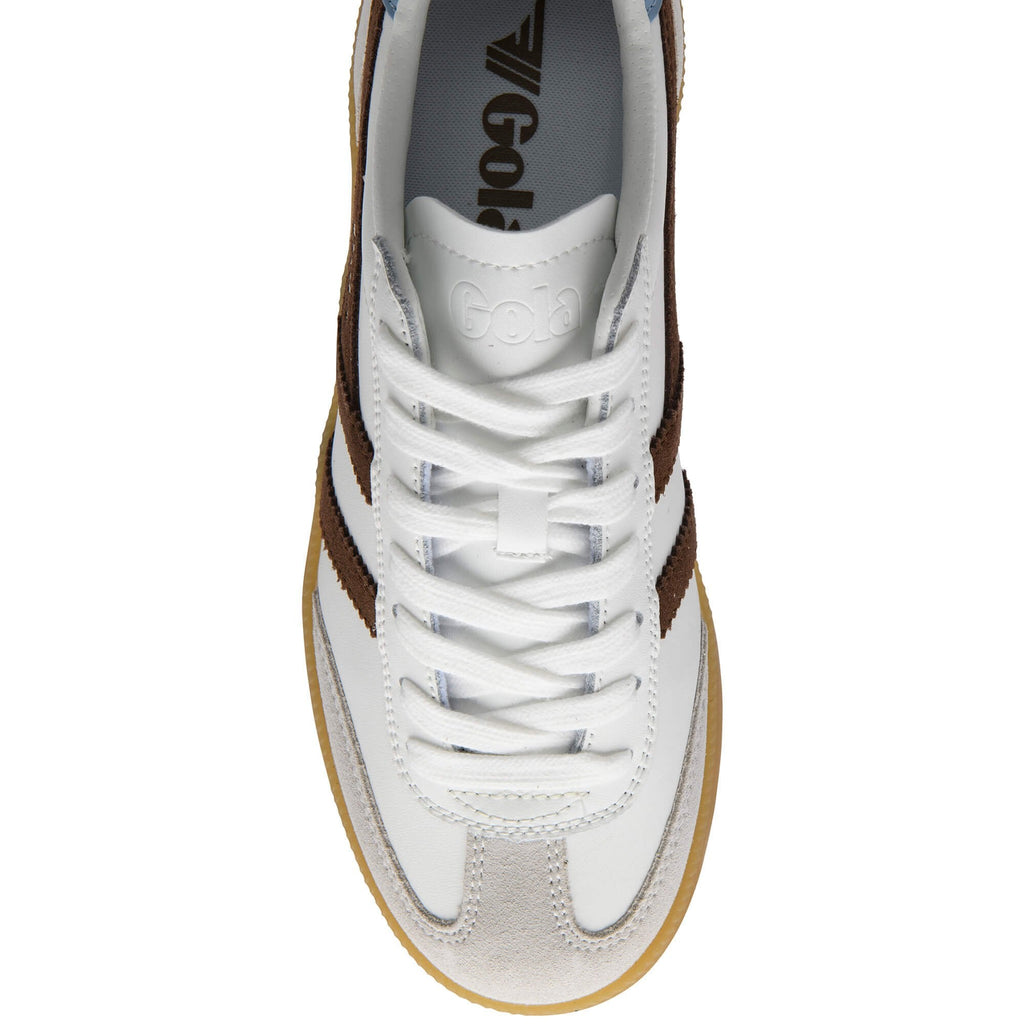 White Gola trainer with brown stripes and a gum sole