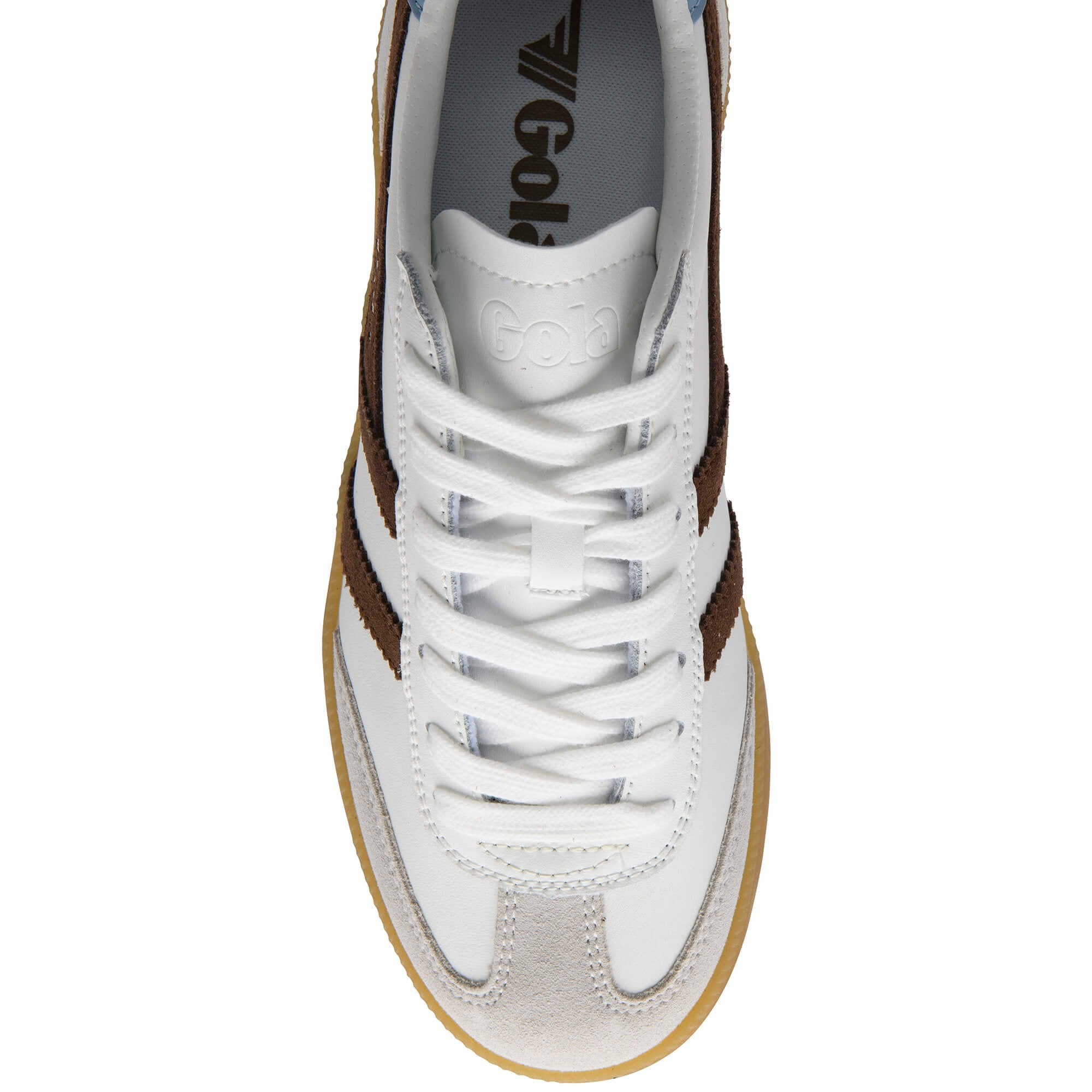 White Gola trainer with brown stripes and a gum sole