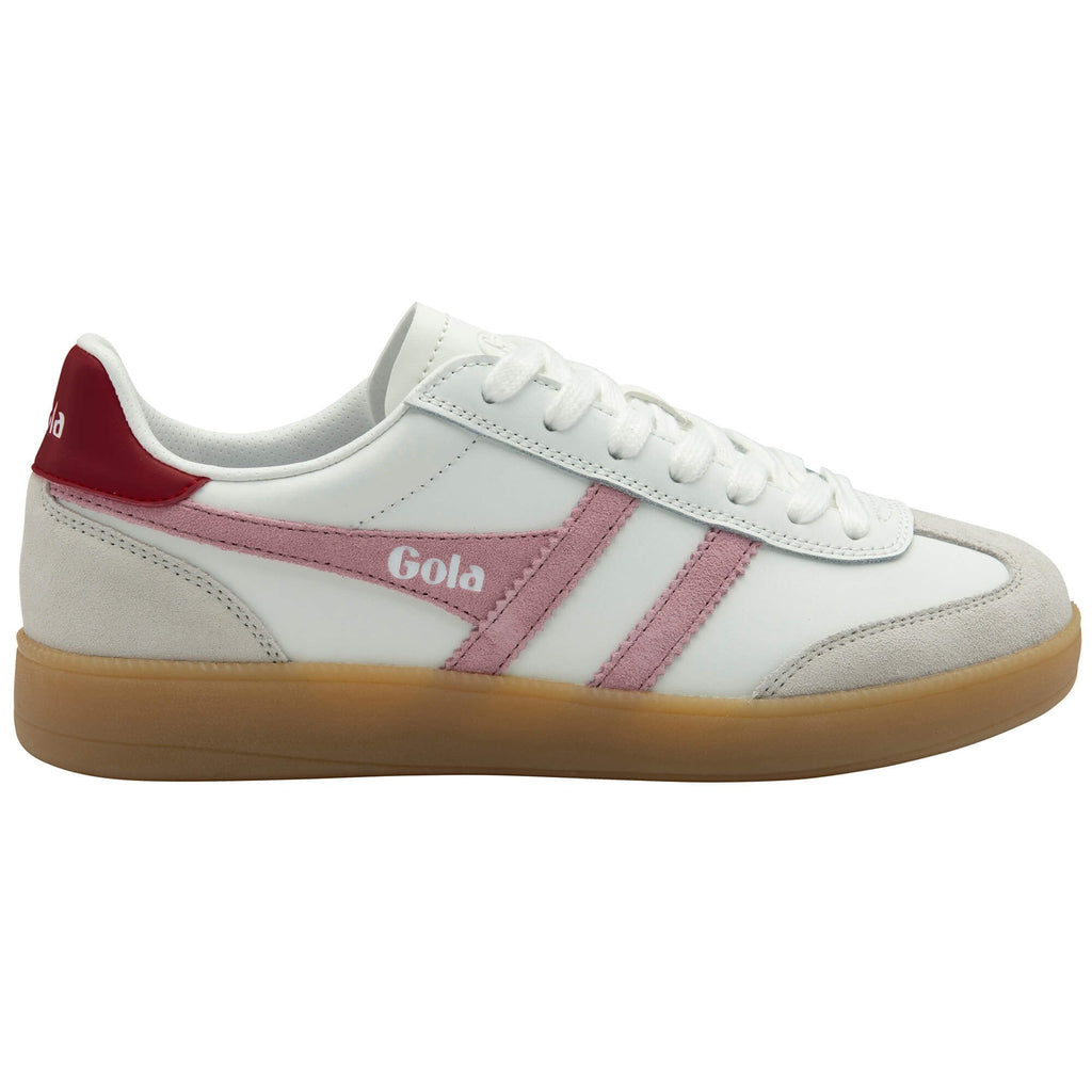 White Gola trainer with red and pink accents and a gum sole on a white background