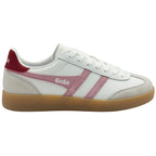 White Gola trainer with red and pink accents and a gum sole on a white background