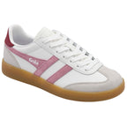 White Gola trainer with pink stripes, red heel tab and gum sole on a white background