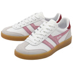 White Gola trainers with pink stripes, red heel tab and brown soles on a white background