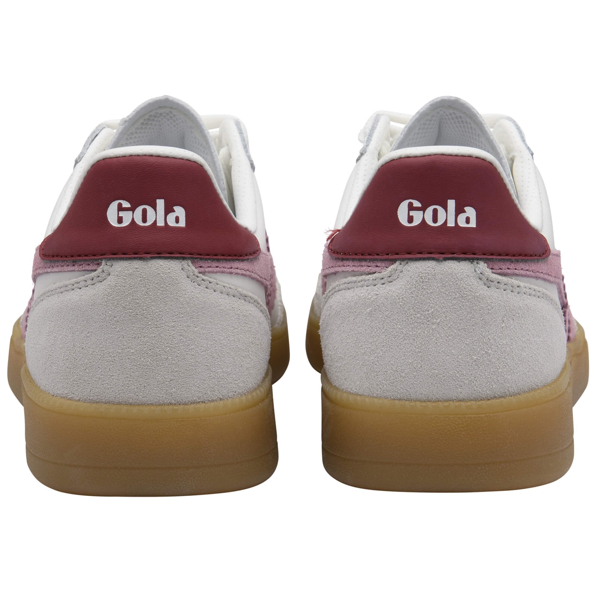 Pair of white Gola trainers with red accents, shown from the back on a white background