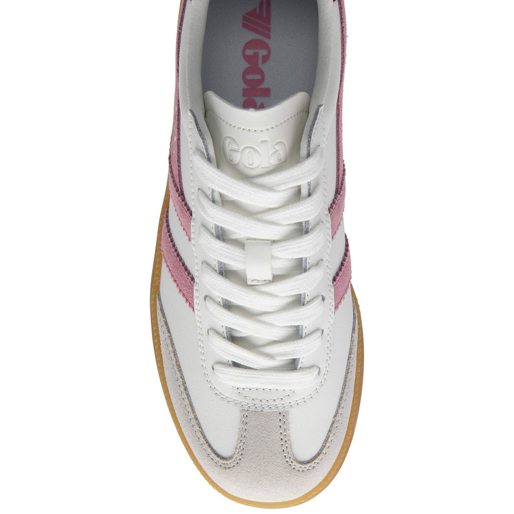 White and pink Gola trainer with white laces and a gum sole