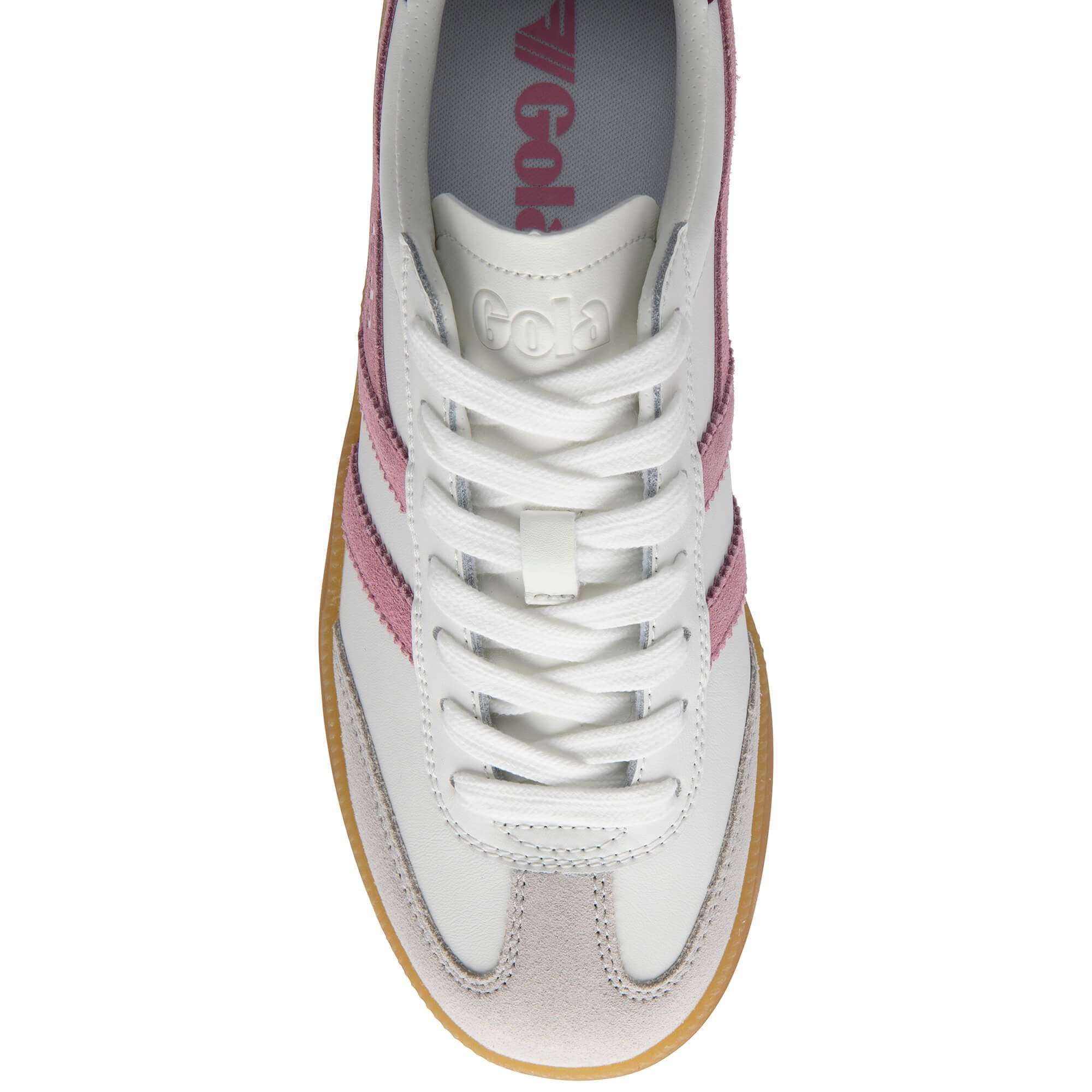 White and pink Gola trainer with white laces and a gum sole