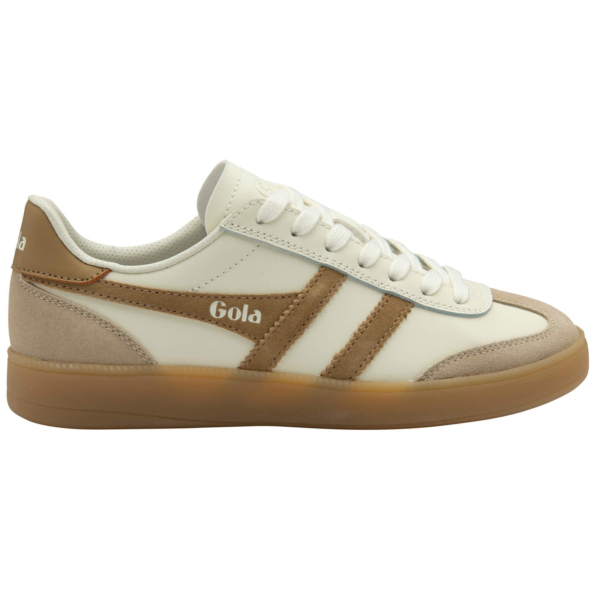 Beige and brown Gola trainer with 'Gola' branding on a white background