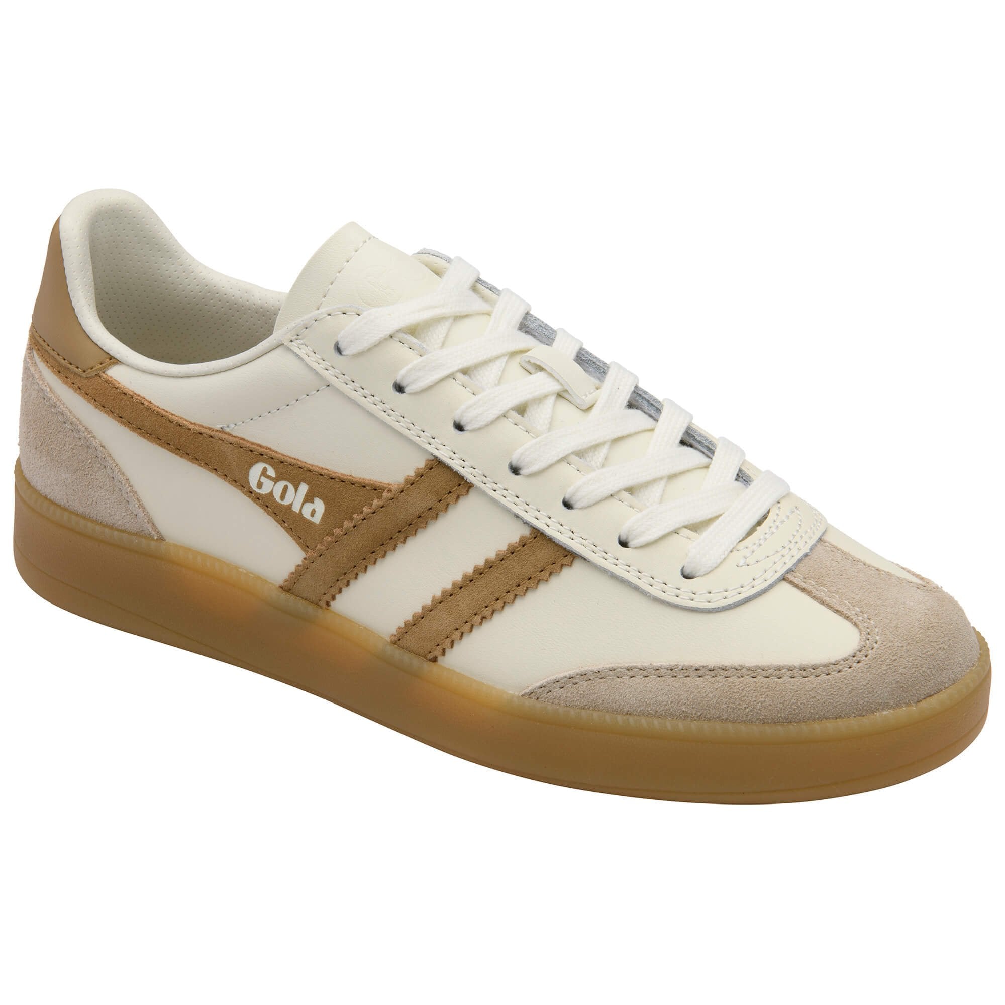 White and brown Gola trainer with 'Gola' branding on a white background