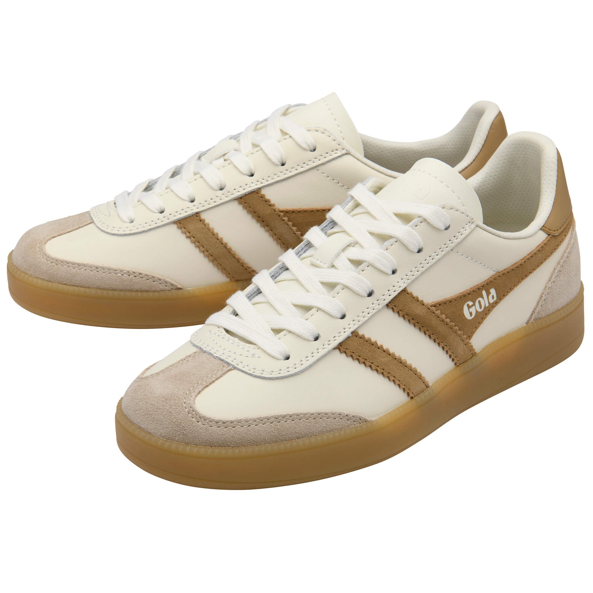 Pair of beige and brown Gola trainers with white laces on a white background