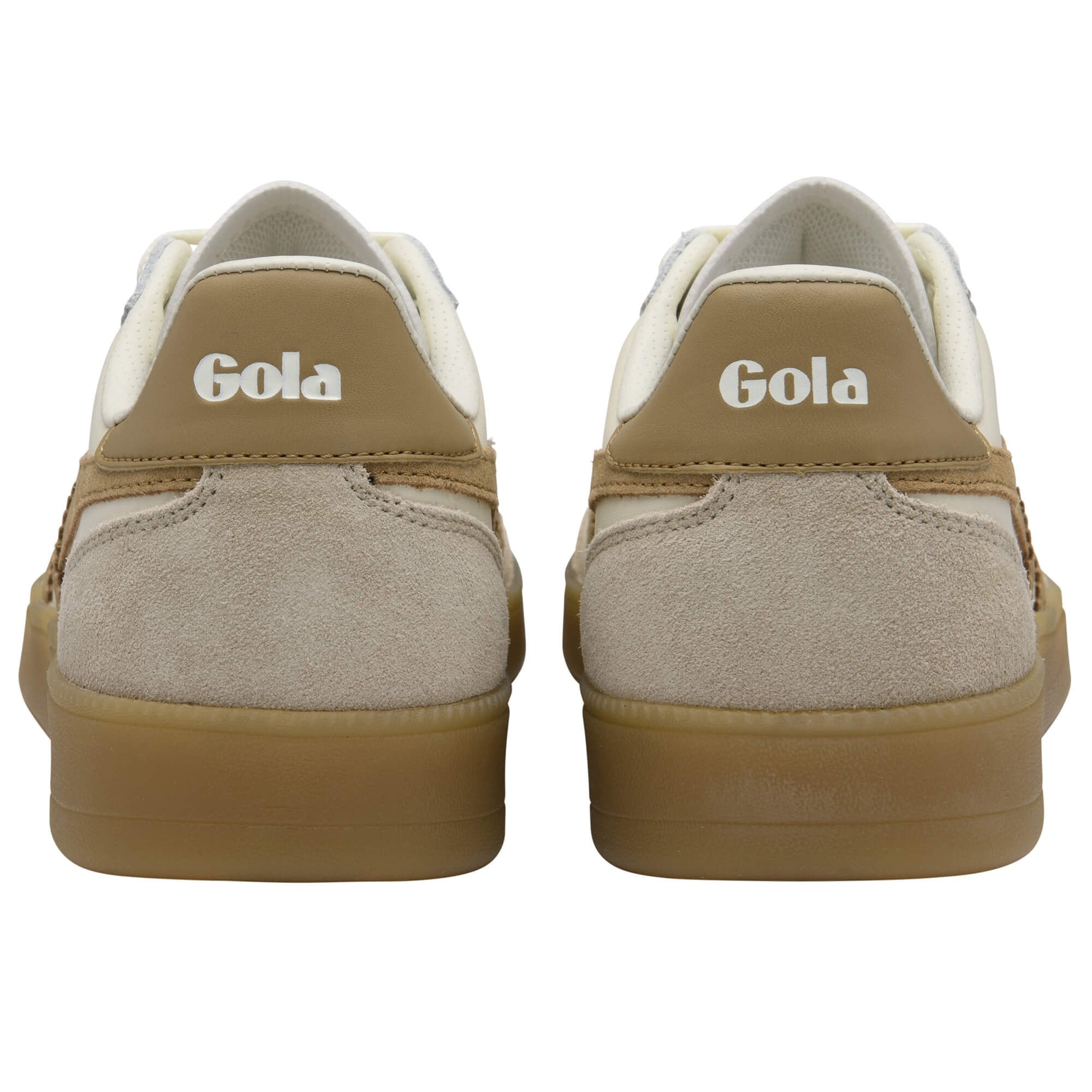 Rear view of two Gola trainers in beige and brown with gum soles on a white background
