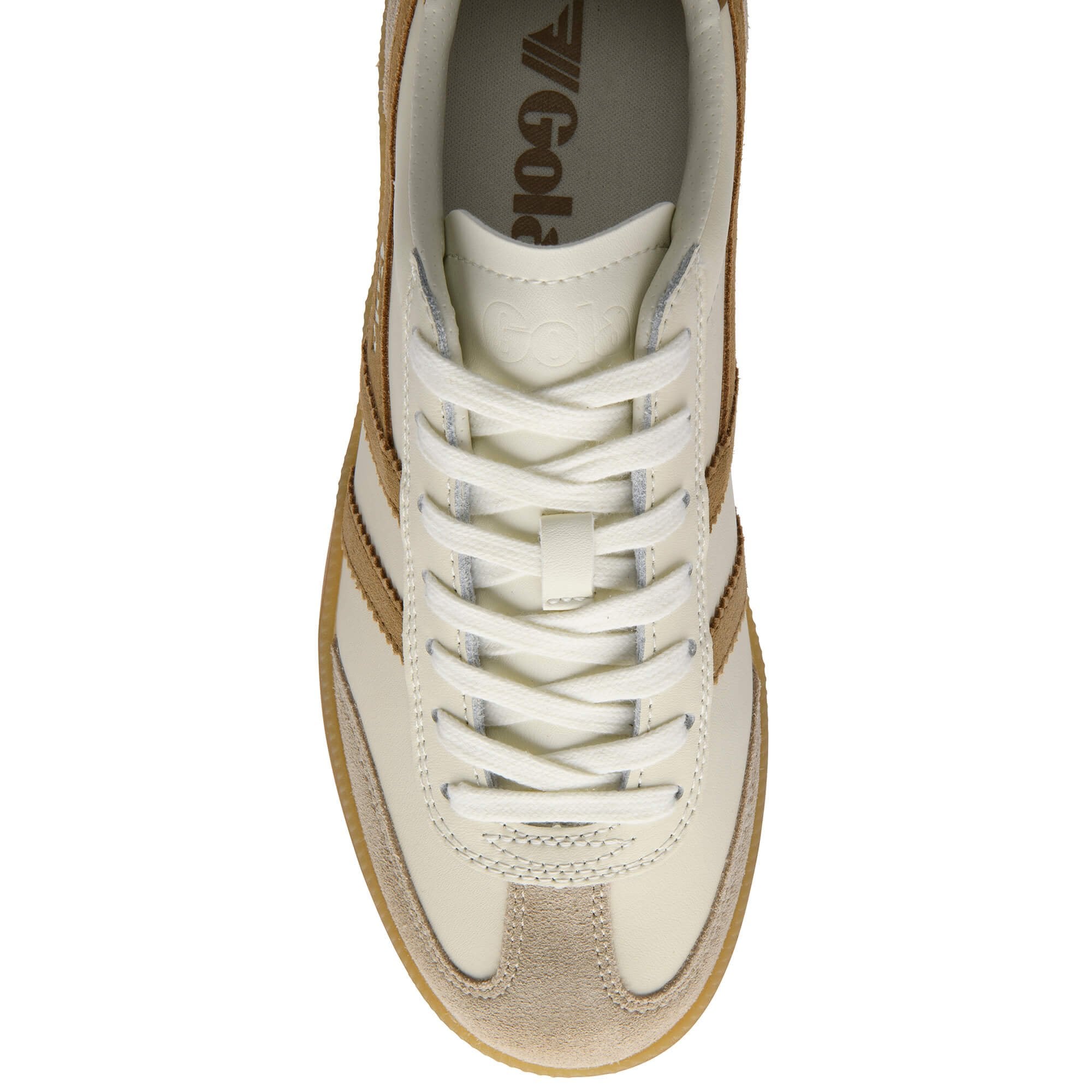 Top down view of a Gola trainer in off-white with tan accents and white laces on a white background