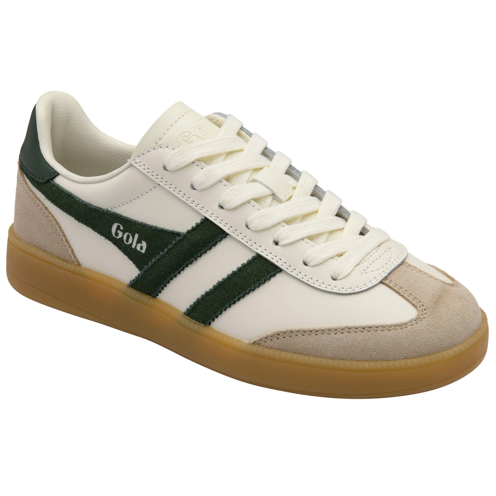 White Gola trainer with green stripes and gum sole on a white background