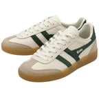 Pair of white Gola trainers with green stripes and gum soles on a white background