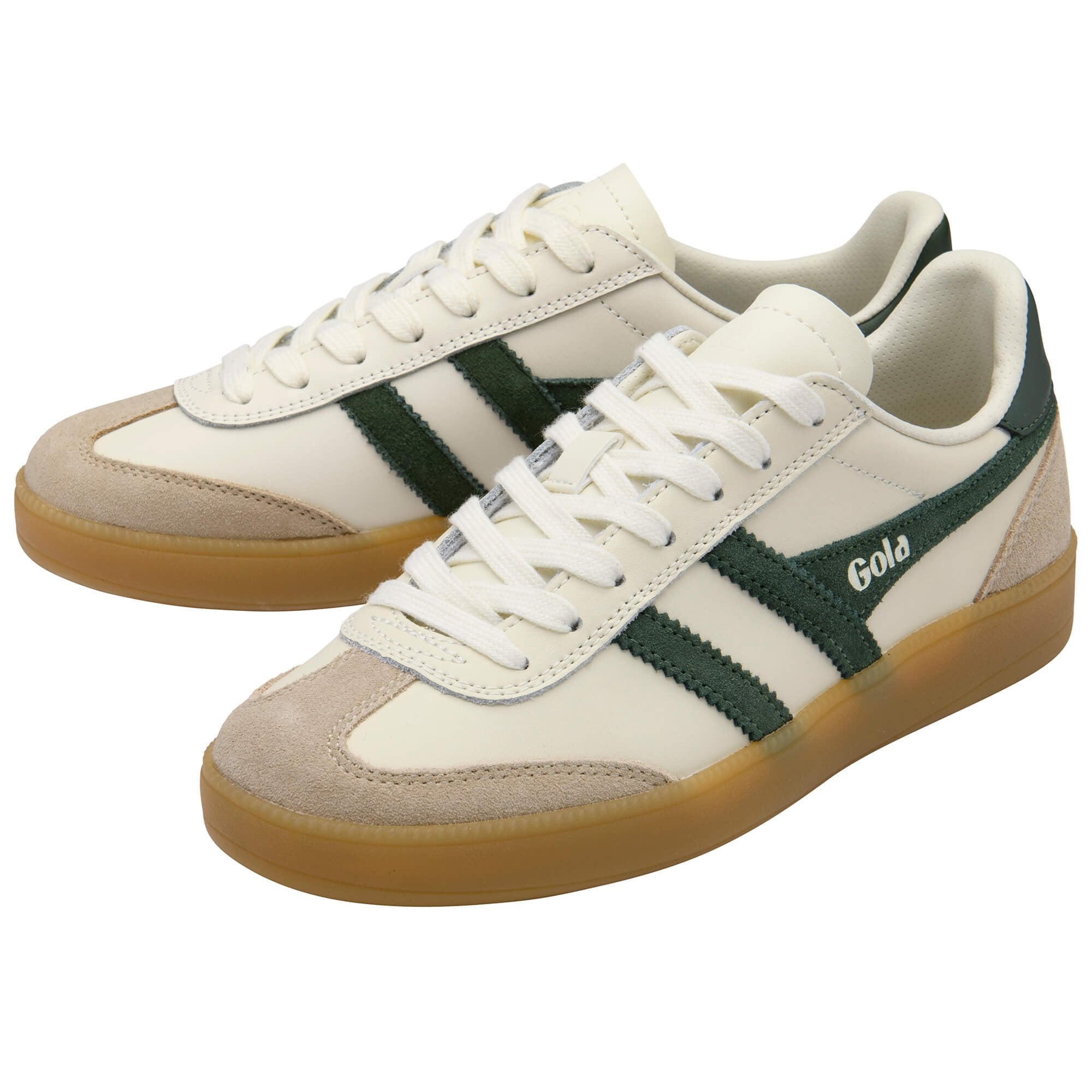 Pair of white Gola trainers with green stripes and gum soles on a white background