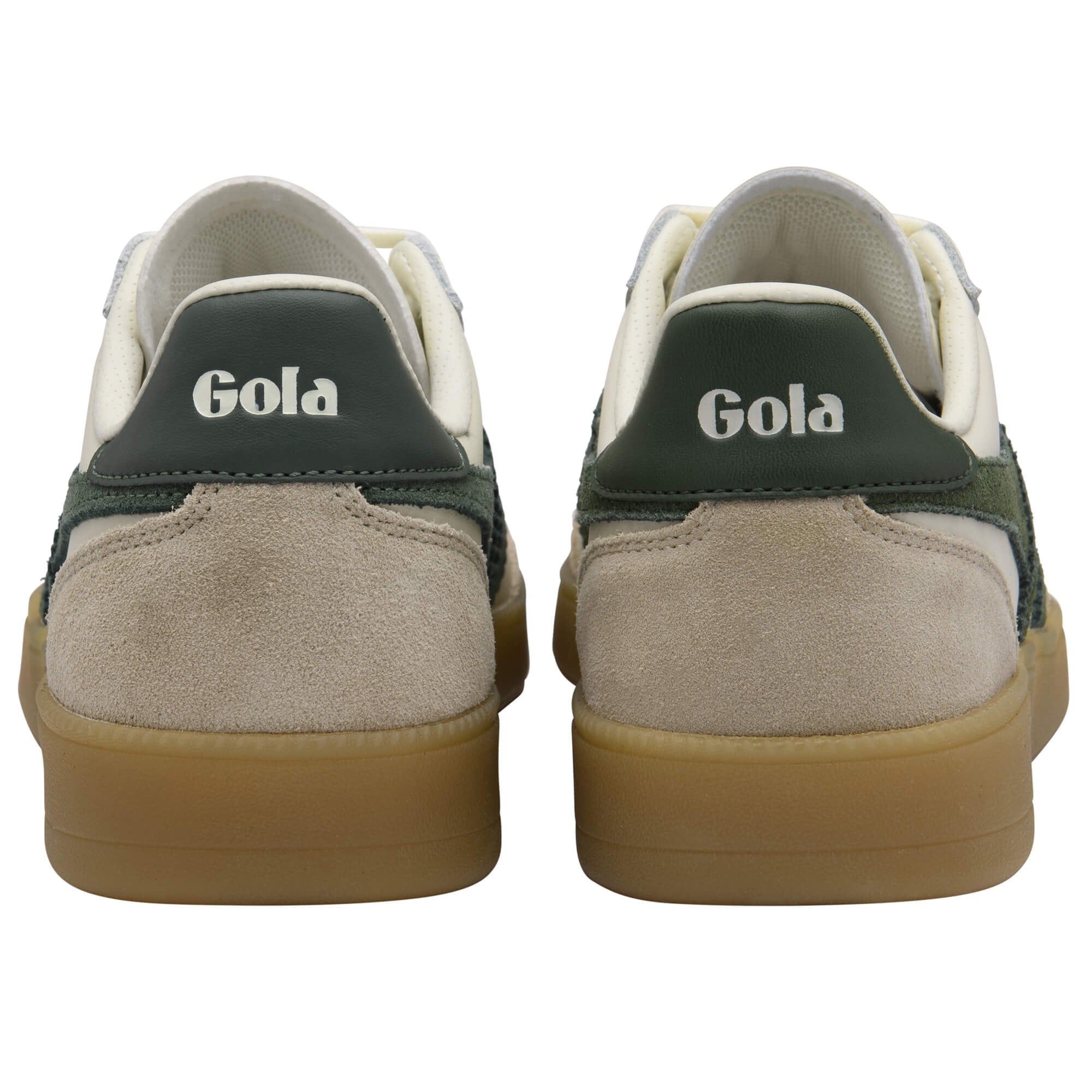 Pair of white Gola trainers with green accents shown from the back on a white background