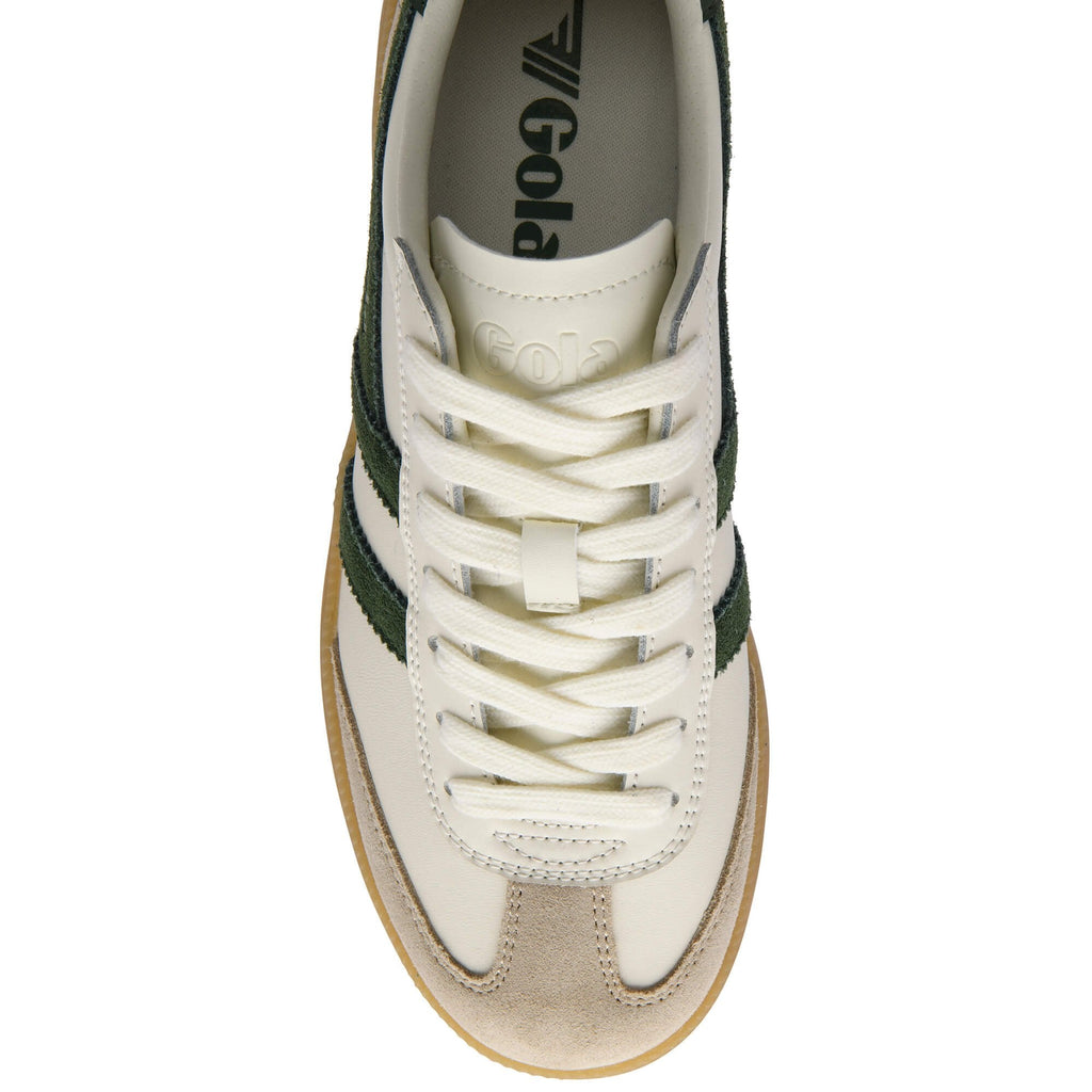 White Gola trainer with green accents and 'Gola' branding on a white background