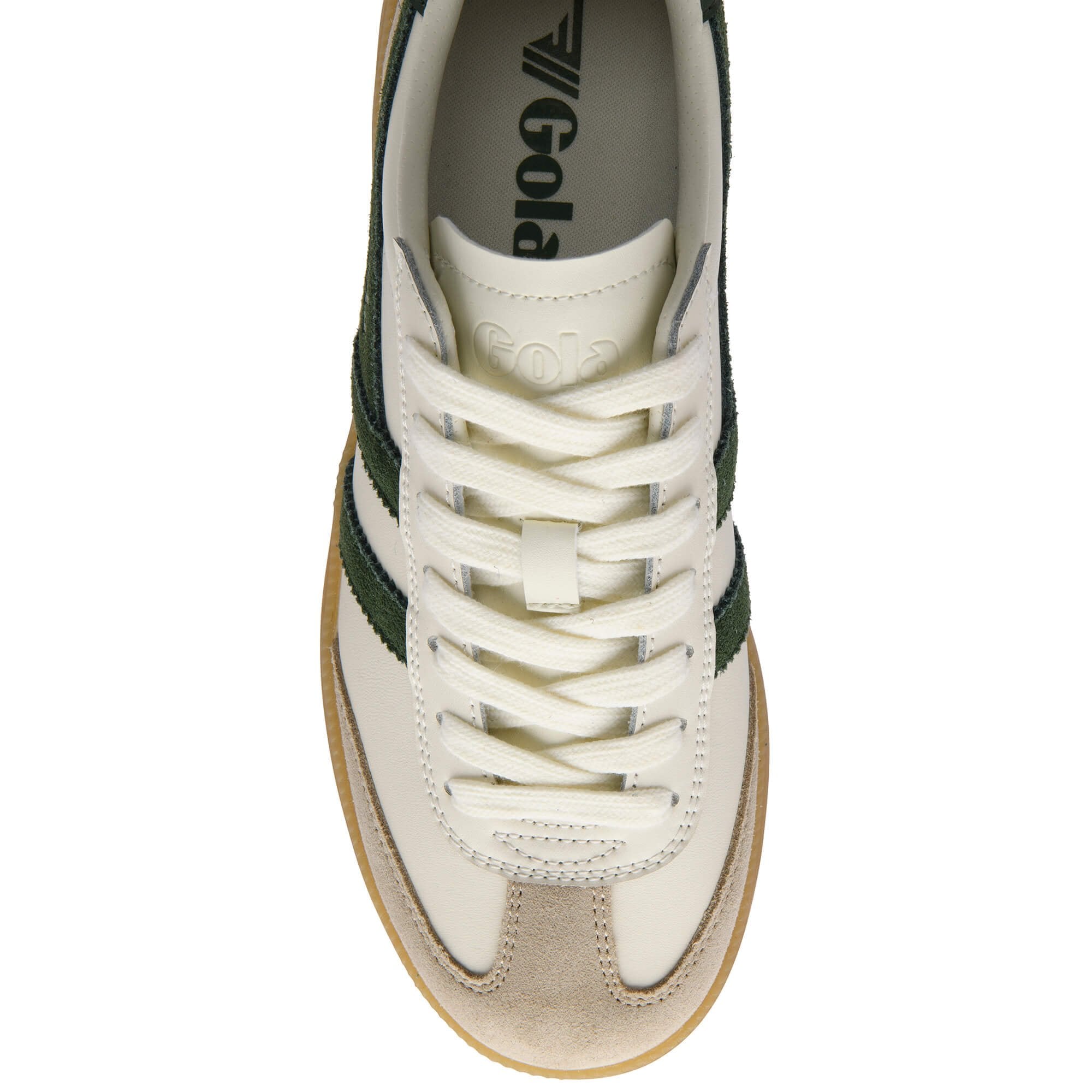 White Gola trainer with green accents and 'Gola' branding on a white background