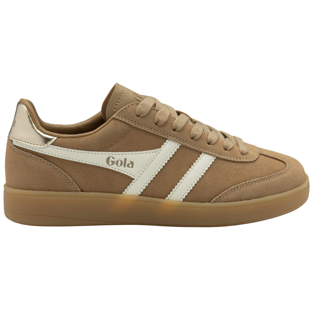 Tan Gola trainer with white stripes and gum sole on a white background