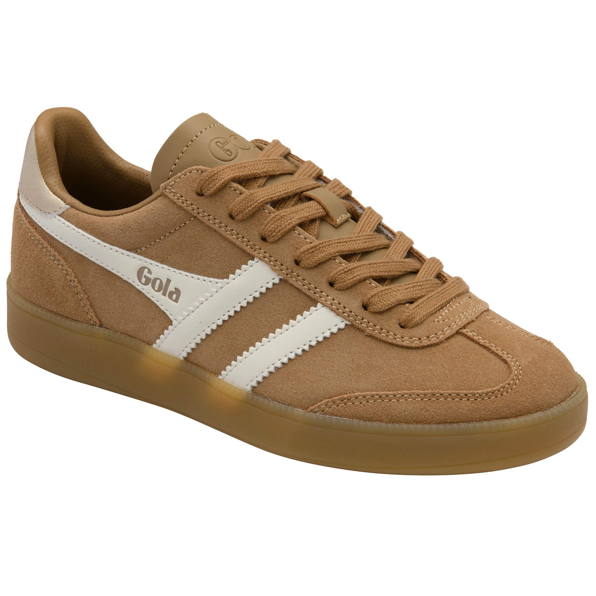 Tan Gola trainer with white stripes and gum sole on a white background