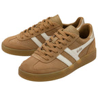 Pair of Gola trainers in tan with white stripes and gum sole on a white background
