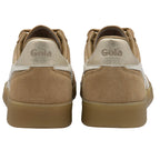 Pair of tan Gola trainers with gold heel tab on a white background