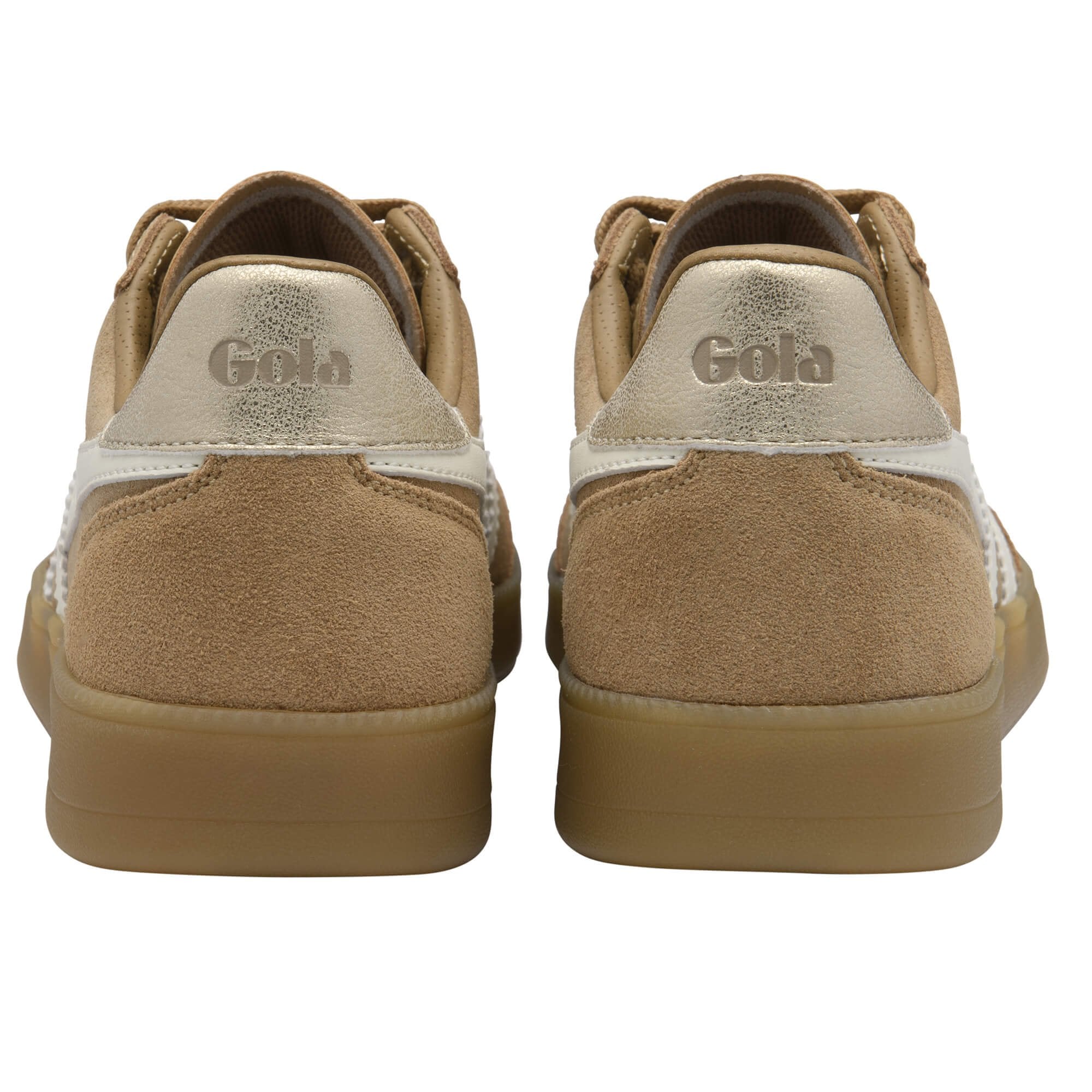 Pair of tan Gola trainers with gold heel tab on a white background