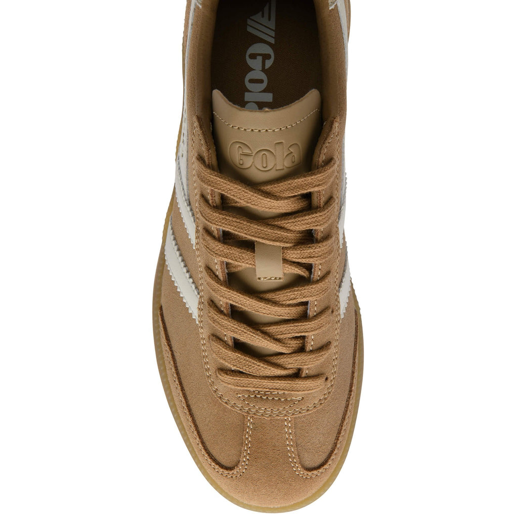 Tan Gola trainer with white stripes and gum sole on a white background
