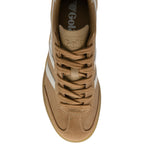 Tan Gola trainer with white stripes and gum sole on a white background