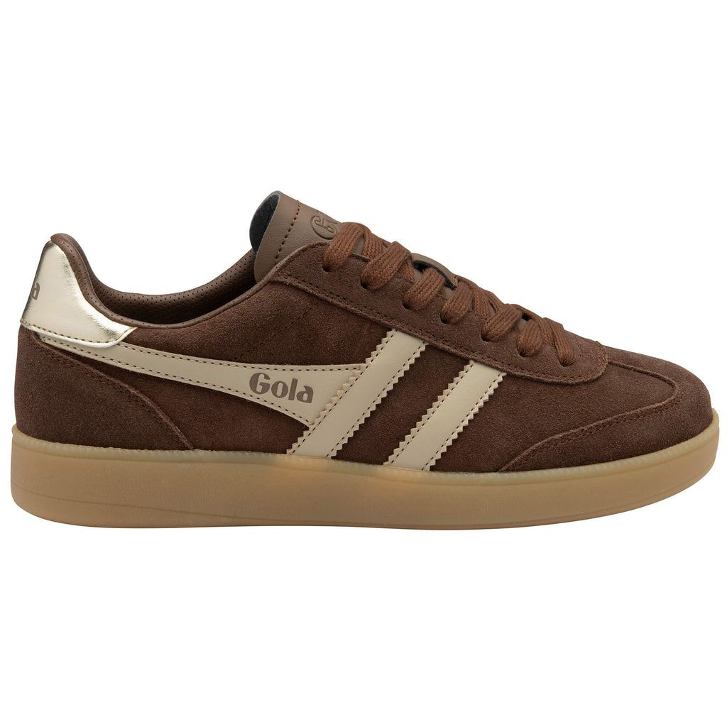 Brown Gola trainer with beige stripes on a white background