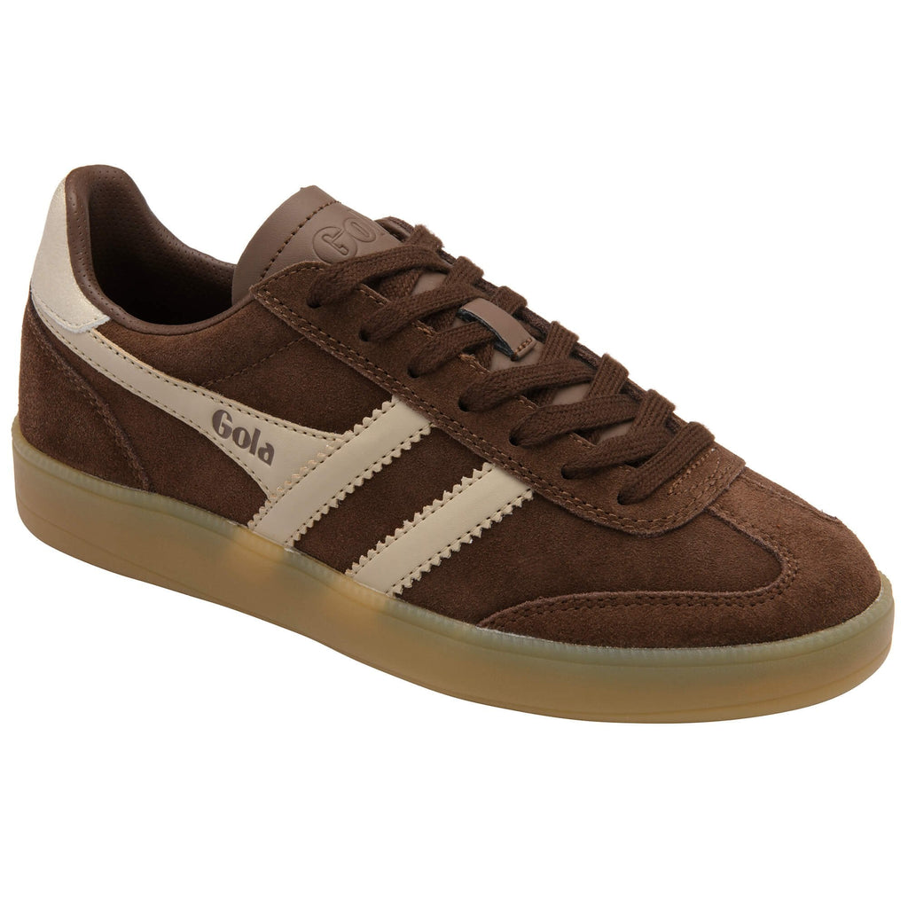 Brown Gola trainer with beige side stripes and gum sole on a white background
