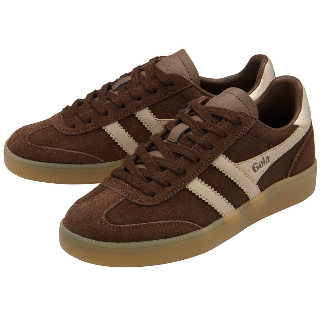Pair of brown Gola trainers with beige stripes on a white background