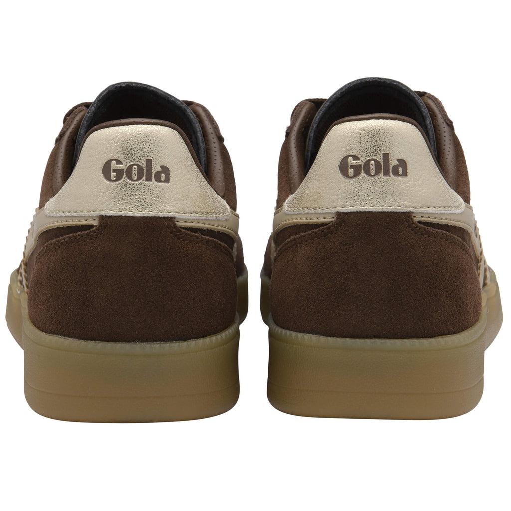 Brown Gola trainers shown from the back on a white background