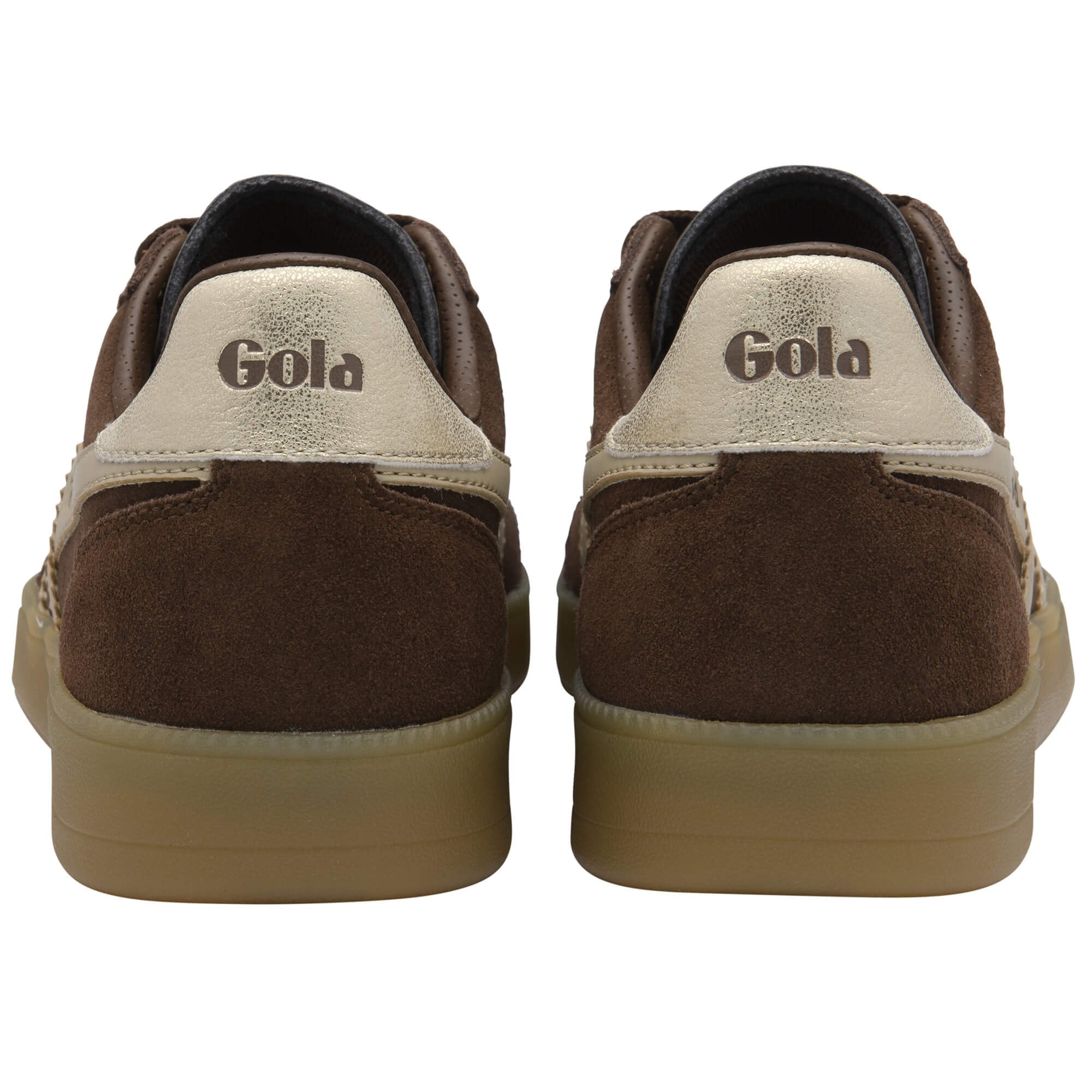 Brown Gola trainers shown from the back on a white background