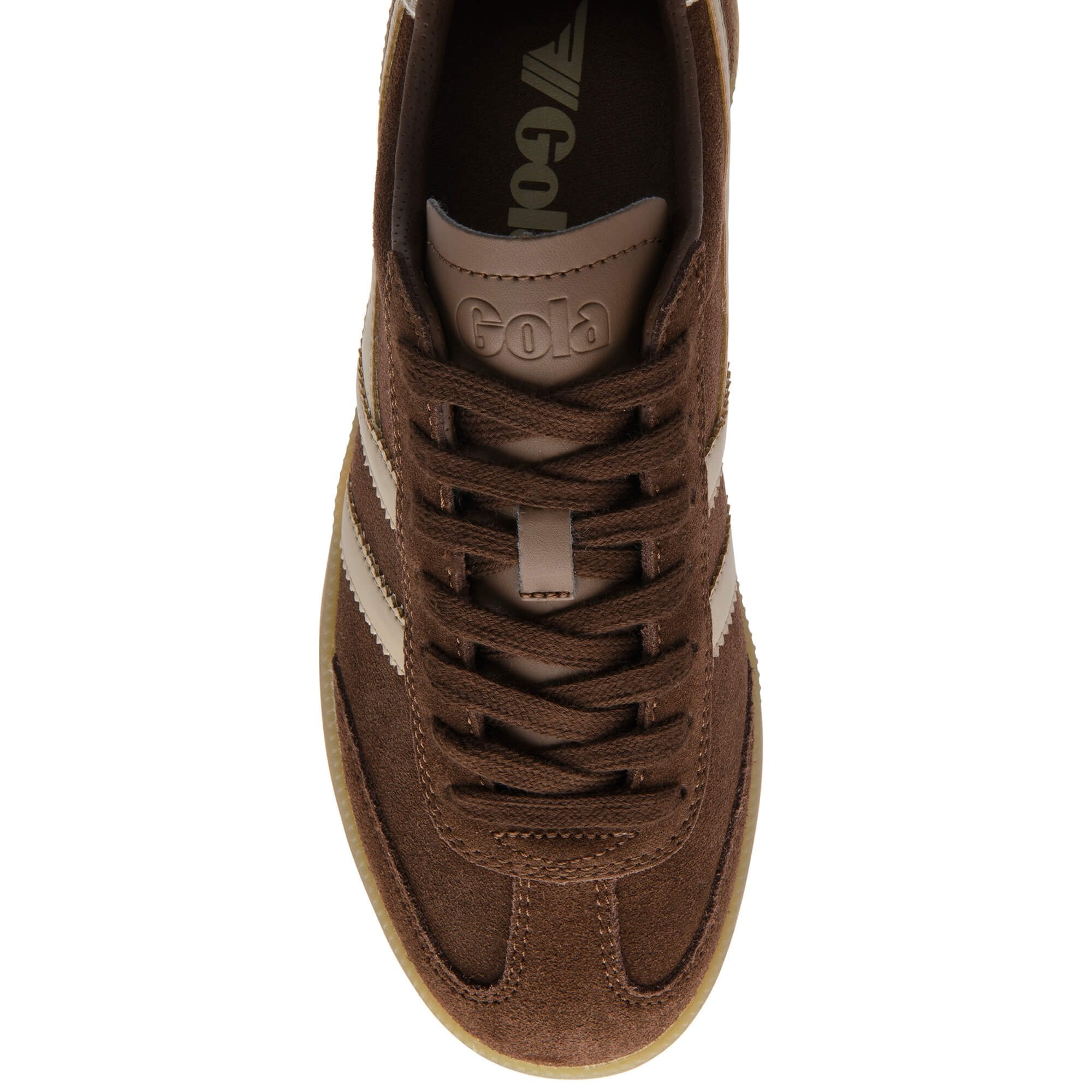 Brown Gola trainer with cream stripes and laces on a white background