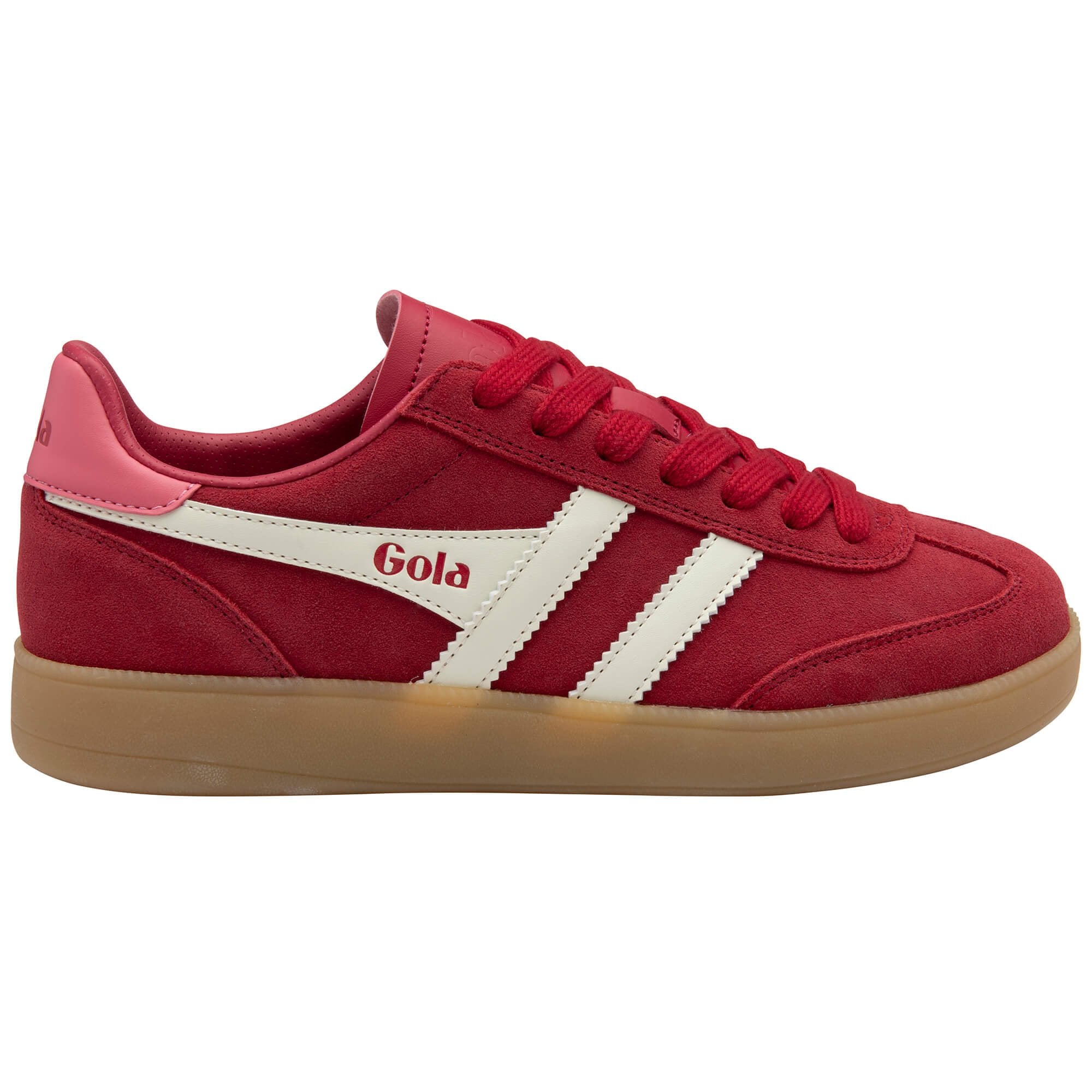 Red Gola trainer with white stripes and 'Gola' branding on a white background