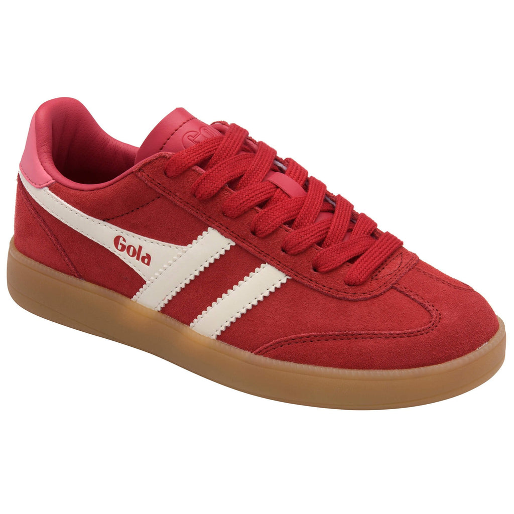 Red Gola trainer with white stripes and 'Gola' branding on a white background