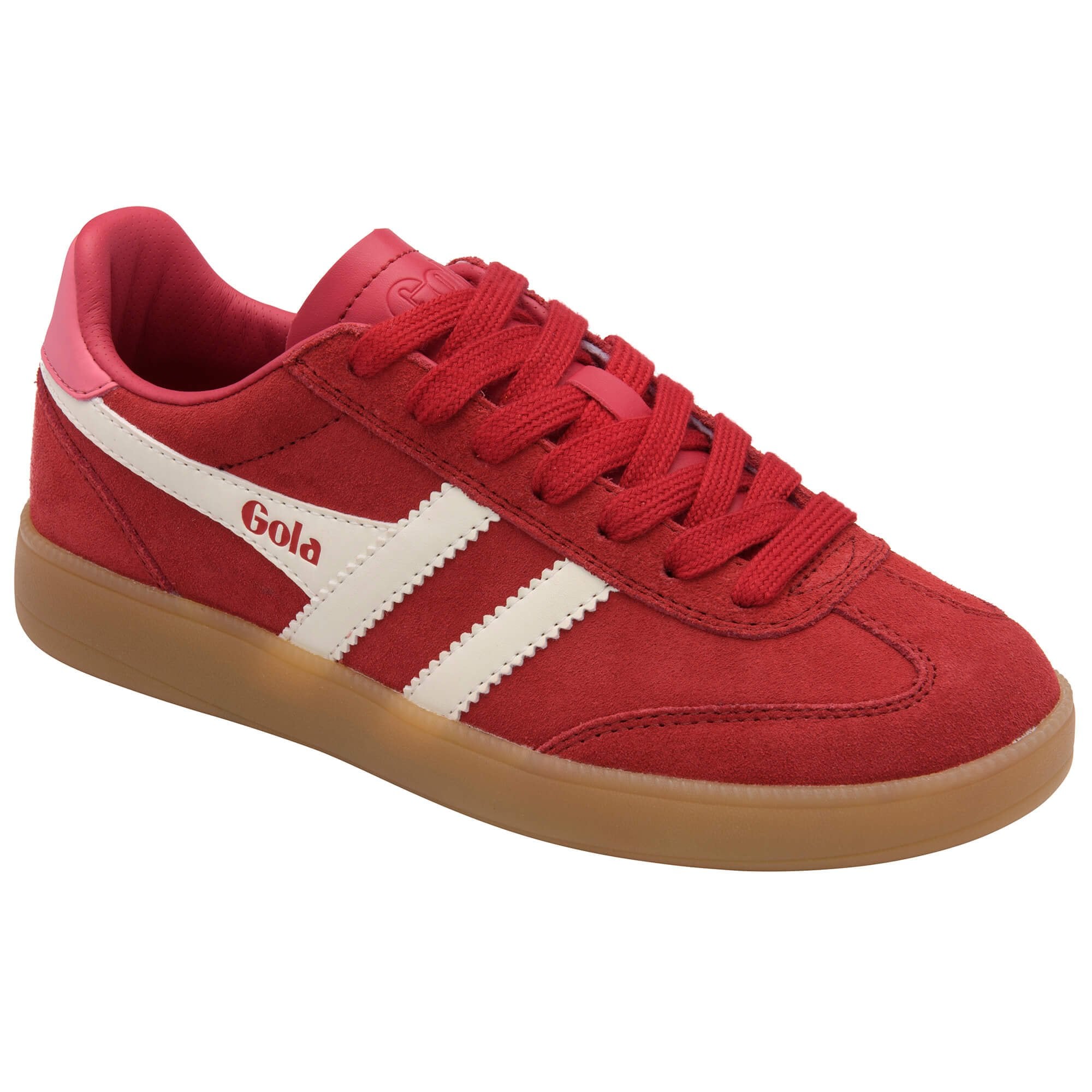 Red Gola trainer with white stripes and 'Gola' branding on a white background