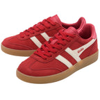 Red Gola trainers with white stripes and gum soles on a white background