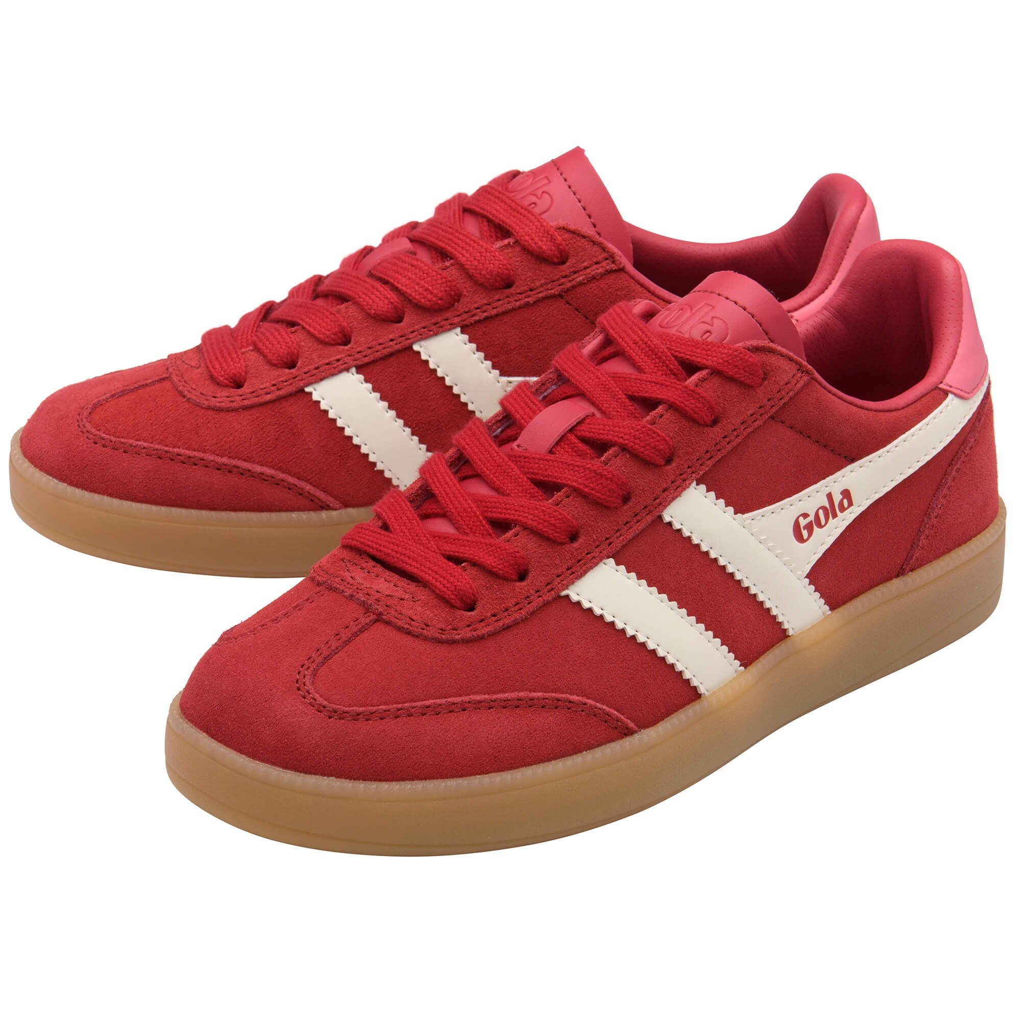 Red Gola trainers with white stripes and gum soles on a white background