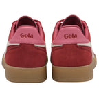 Pair of Gola trainers in red with pink heel tab and gum sole on a white background