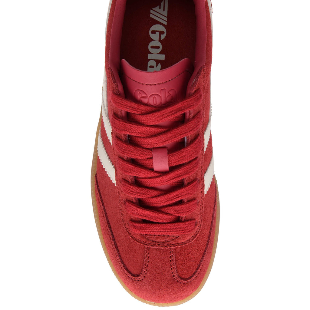 Red Gola trainer with red laces, white stripes and gum sole on a white background