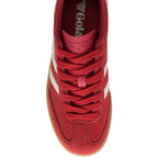 Red Gola trainer with red laces, white stripes and gum sole on a white background