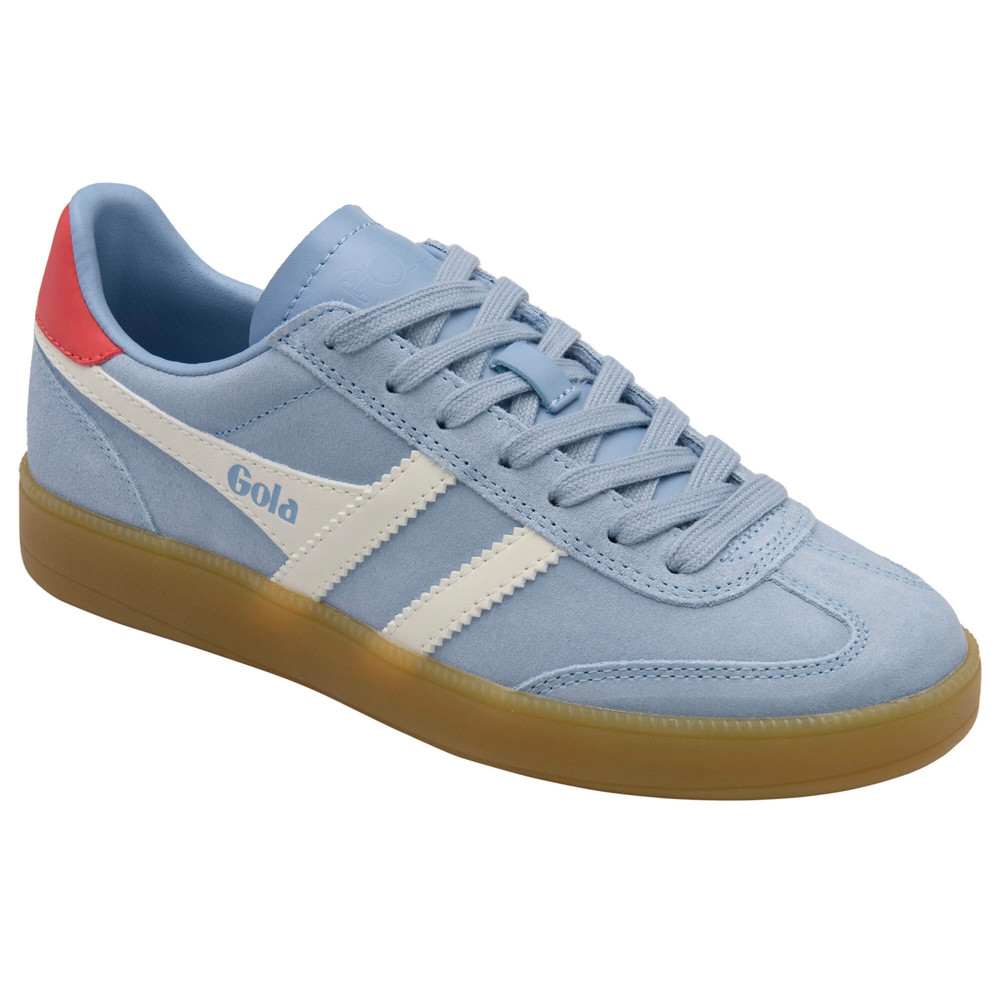 Light blue Gola trainer with white stripes and a red heel accent on a white background