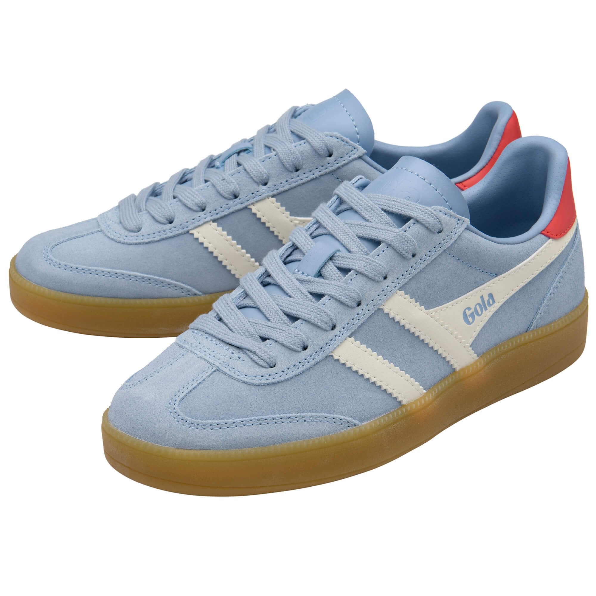 Pair of blue Gola trainers with white stripes and gum sole on a white background