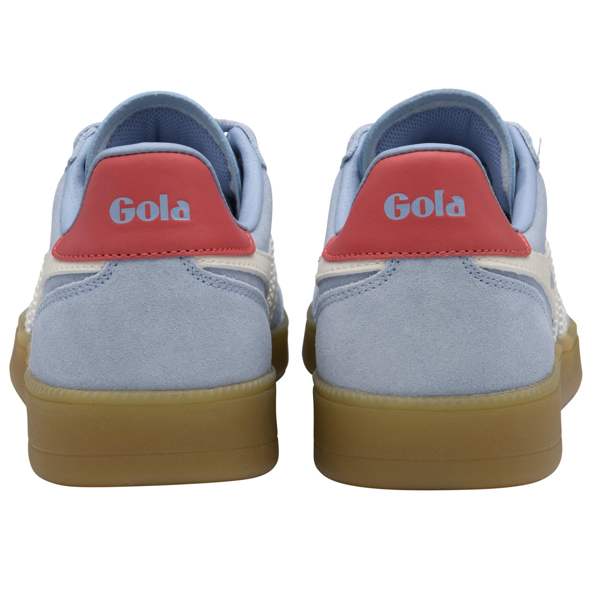 Pair of blue Gola trainers with red accents shown from the back on a white background