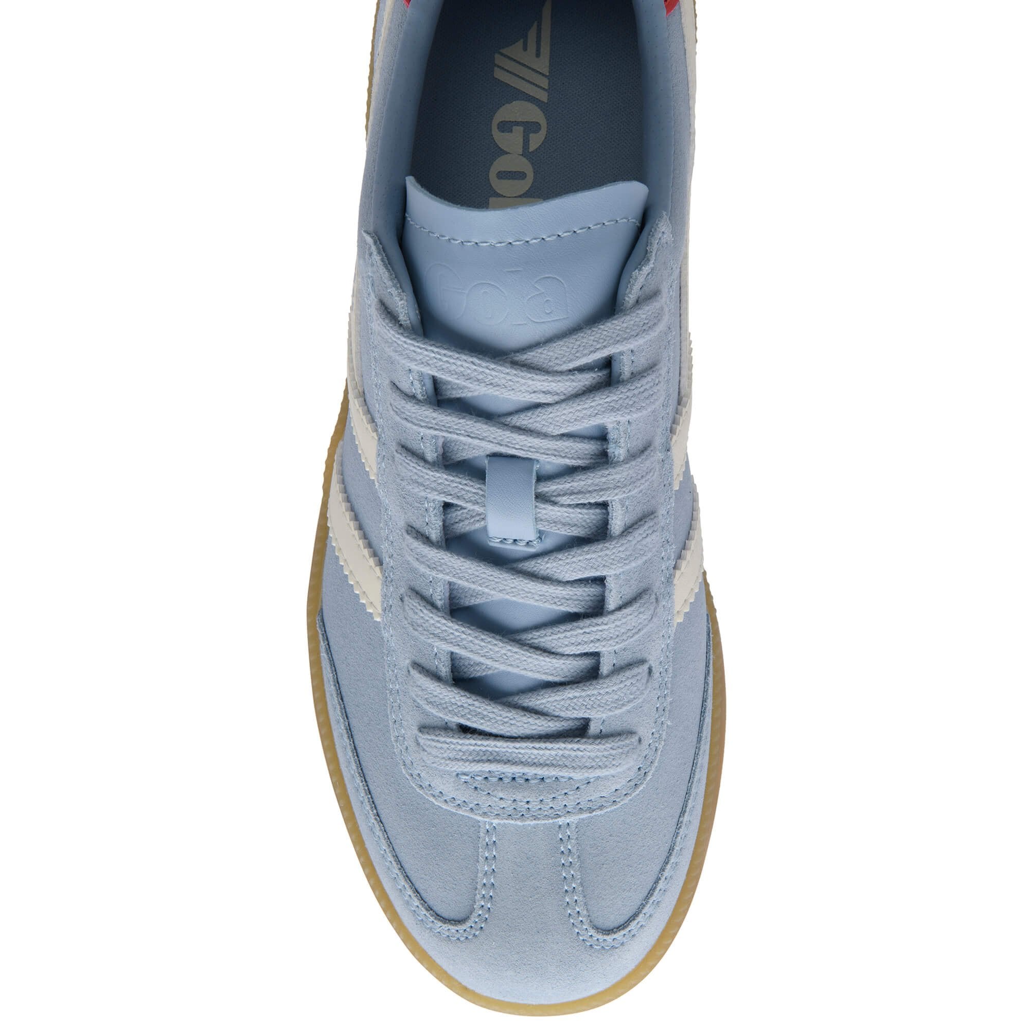 Light blue Gola trainer with white stripes on a white background