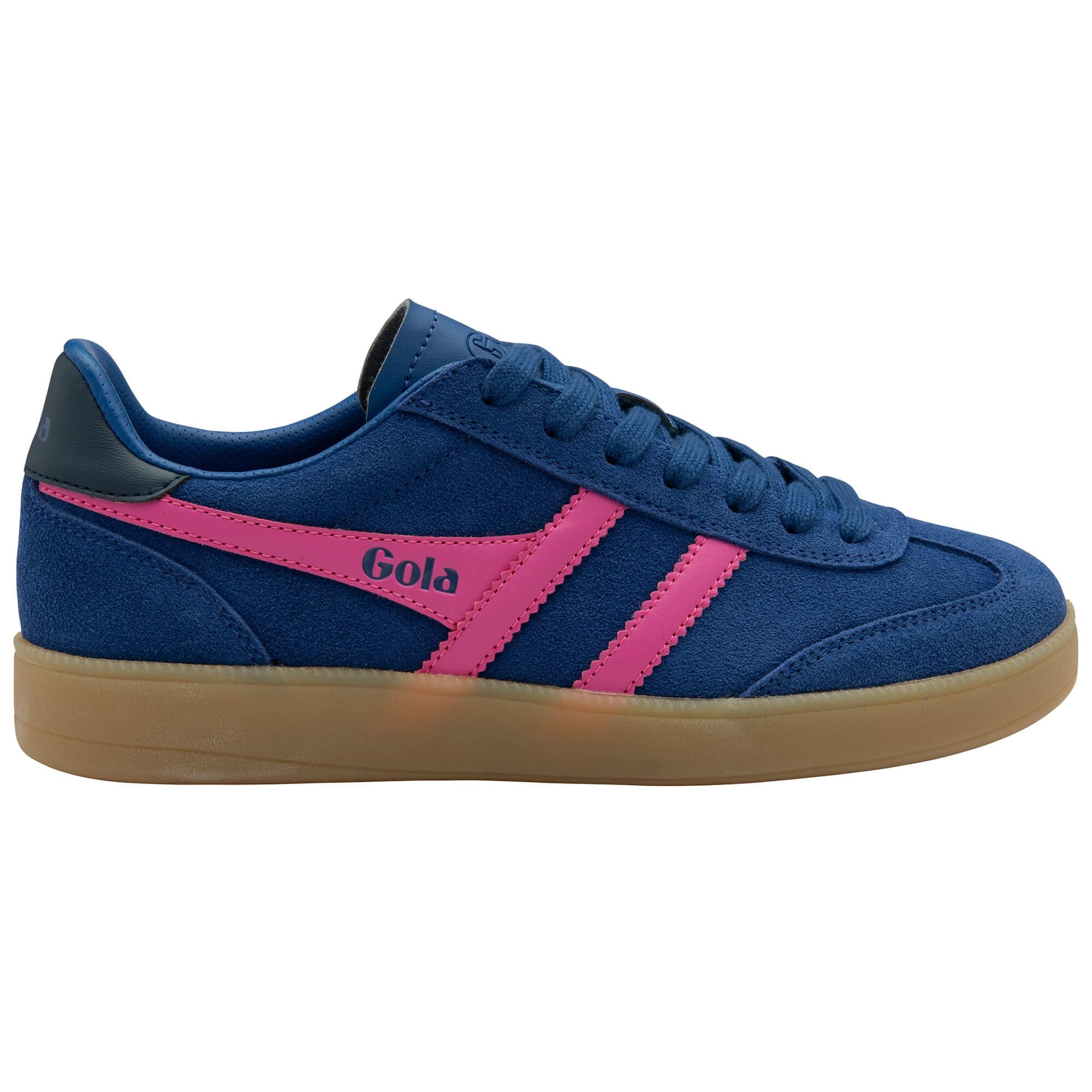 Blue Gola trainer with pink stripes and gum sole on a white background