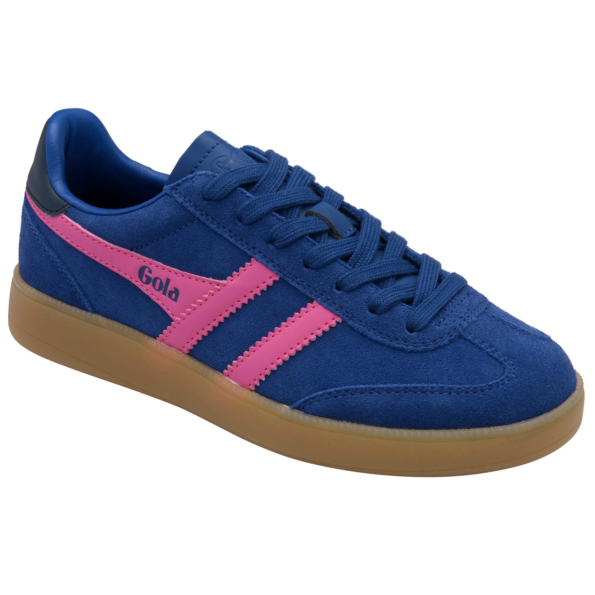 Blue Gola trainer with pink stripes and gum sole on a white background