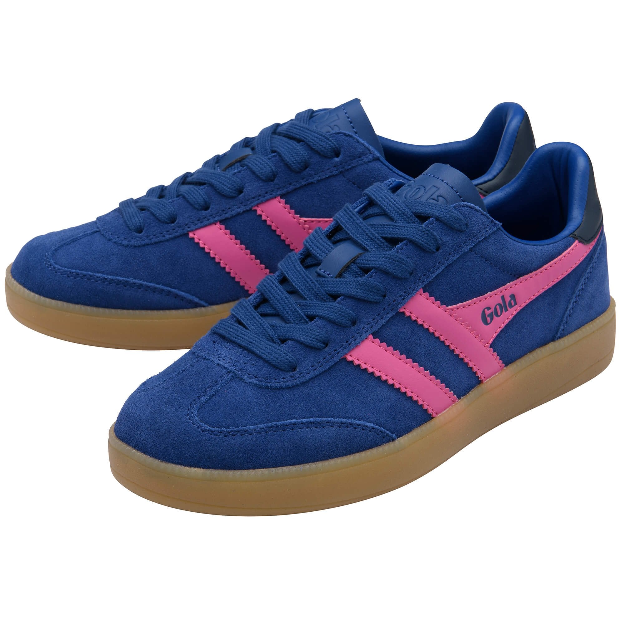 Blue Gola trainers with pink stripes and gum sole on a white background