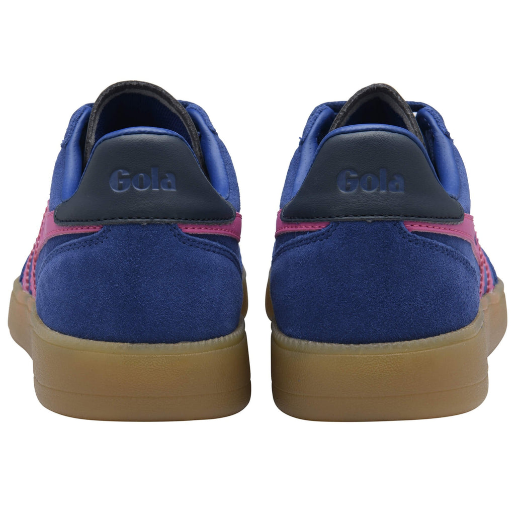 Blue and pink Gola trainers with 'Gola' branding on a white background